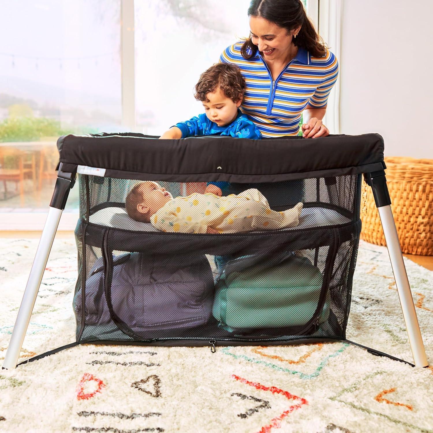 imageMunchkin UltraLite 3in1 Playard Travel Crib and Bassinet for Newborn Babies Up to 24 Months  Lightweight No Tool Assembly Mattress Plus Cover Included Black