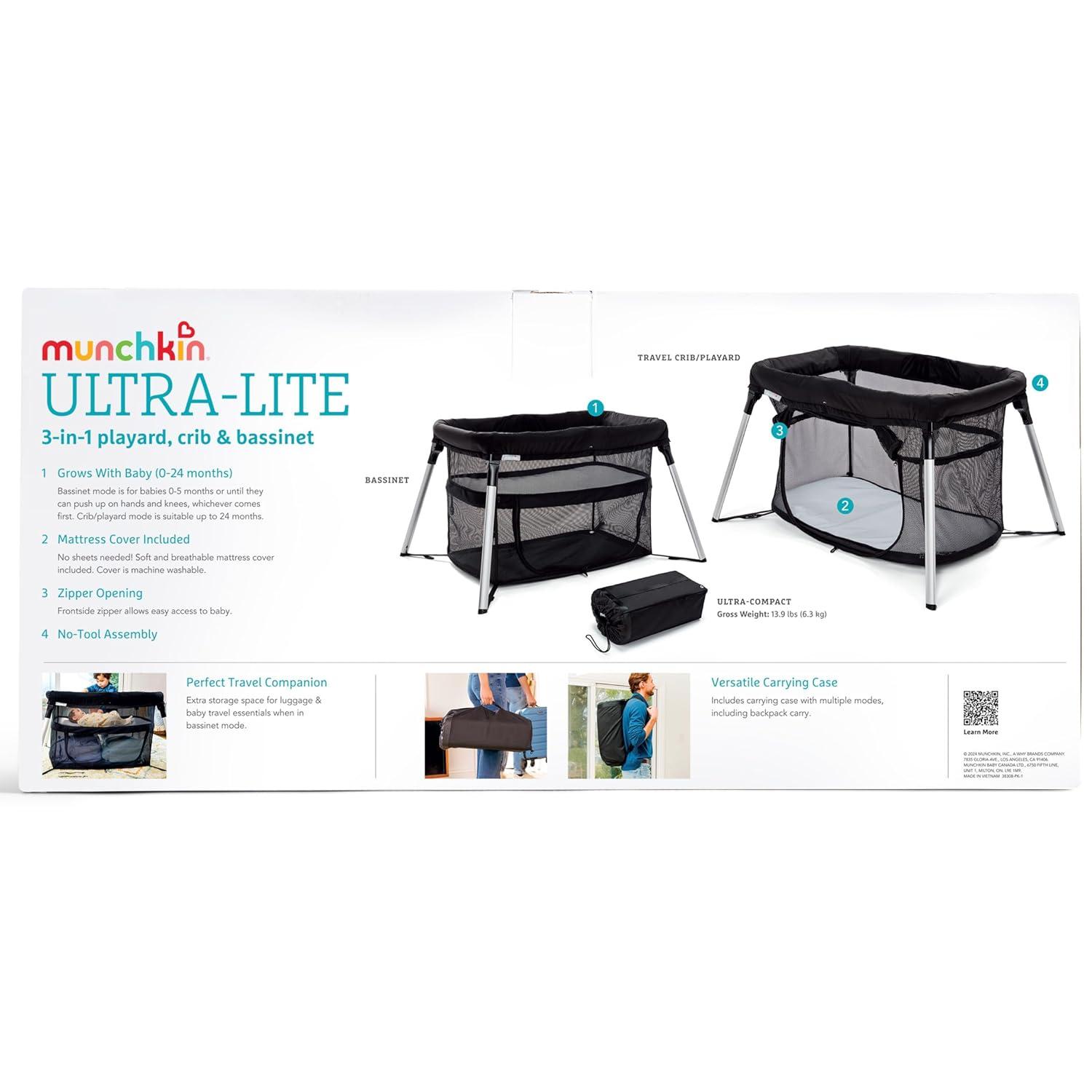 imageMunchkin UltraLite 3in1 Playard Travel Crib and Bassinet for Newborn Babies Up to 24 Months  Lightweight No Tool Assembly Mattress Plus Cover Included Black