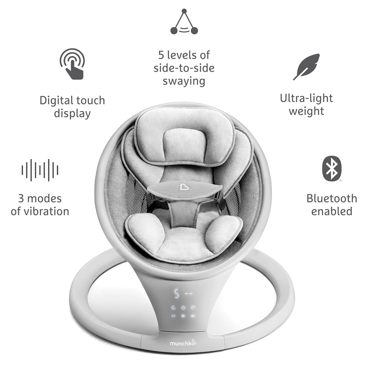 imageMunchkin Vibration Baby Swing Light Grey  BluetoothEnabled Smart Seat with Music Motion and SoundsSwing with Vibration