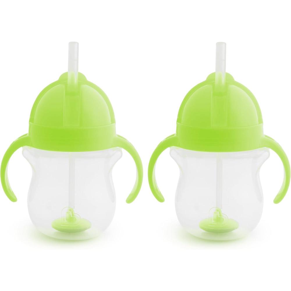 imageMunchkin Any Angle Sippy Cups for Toddlers Spill Proof Weighted Straw Cup with Transition Handles for Babies 6 Months and Up 7 Ounce 2 Pack PinkPurpleGreen