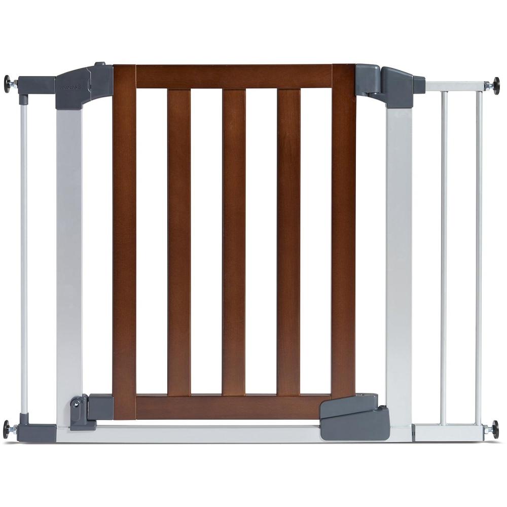 imageMunchkin Auto Close Modern Pressure Mounted Baby Gate for Stairs Hallways and Doors Walk Through with Door 2 x 405 x 29 inches Dark Wood and Silver MetalAuto Close Gate