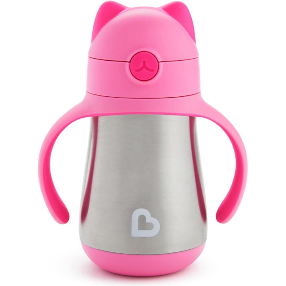 imageMunchkin Cool Cat Sippy Cup for Toddlers Stainless Steel Straw Cup 8 Ounce PurplePink