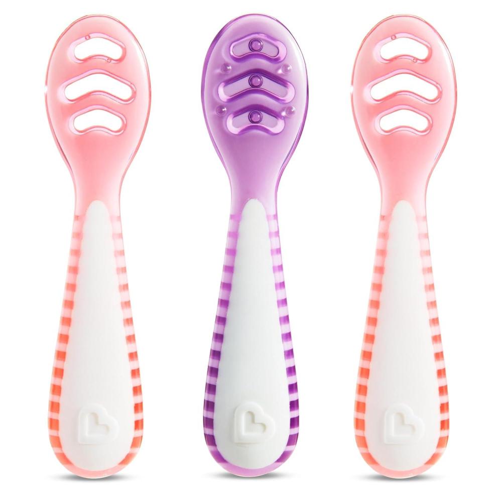 imageMunchkin Gentle Dip Baby Spoons for Self Feeding and Baby Led Weaning 3 Pack PinkPurpleCoralPurple