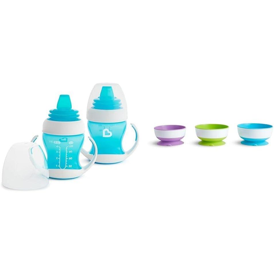 imageMunchkin Gentle Transition Sippy Trainer Cup 4 Ounce 2 Pack Blue ampamp Gentle Transition Sippy Cup with Trainer Handles 10 Ounce BlueCup  3pk Suction Bowls
