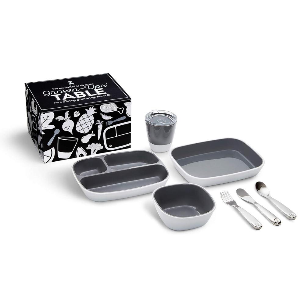 imageMunchkin Grown Ups Table 7pc Toddler Feeding Supplies Gift Set Includes Plates Bowl Open Cup and Stainless Steel Utensils Grey