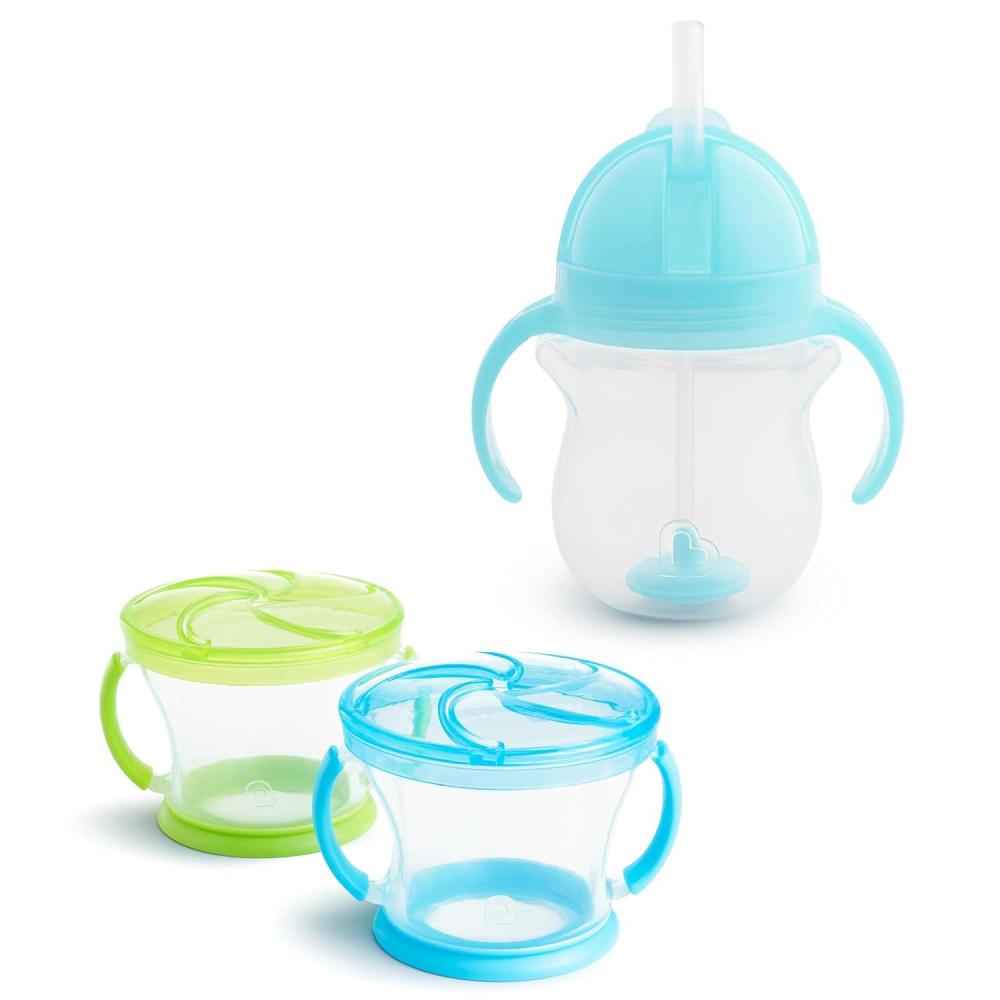 imageMunchkin Happy Snacker Toddler Cups and Snack Containers  7oz Any Angle Weighted Straw Trainer Cup and 9oz Snack Catchers PurplePinkBlueGreen