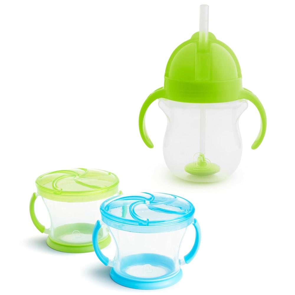 imageMunchkin Happy Snacker Toddler Cups and Snack Containers  7oz Any Angle Weighted Straw Trainer Cup and 9oz Snack Catchers PurplePinkGreenBlue