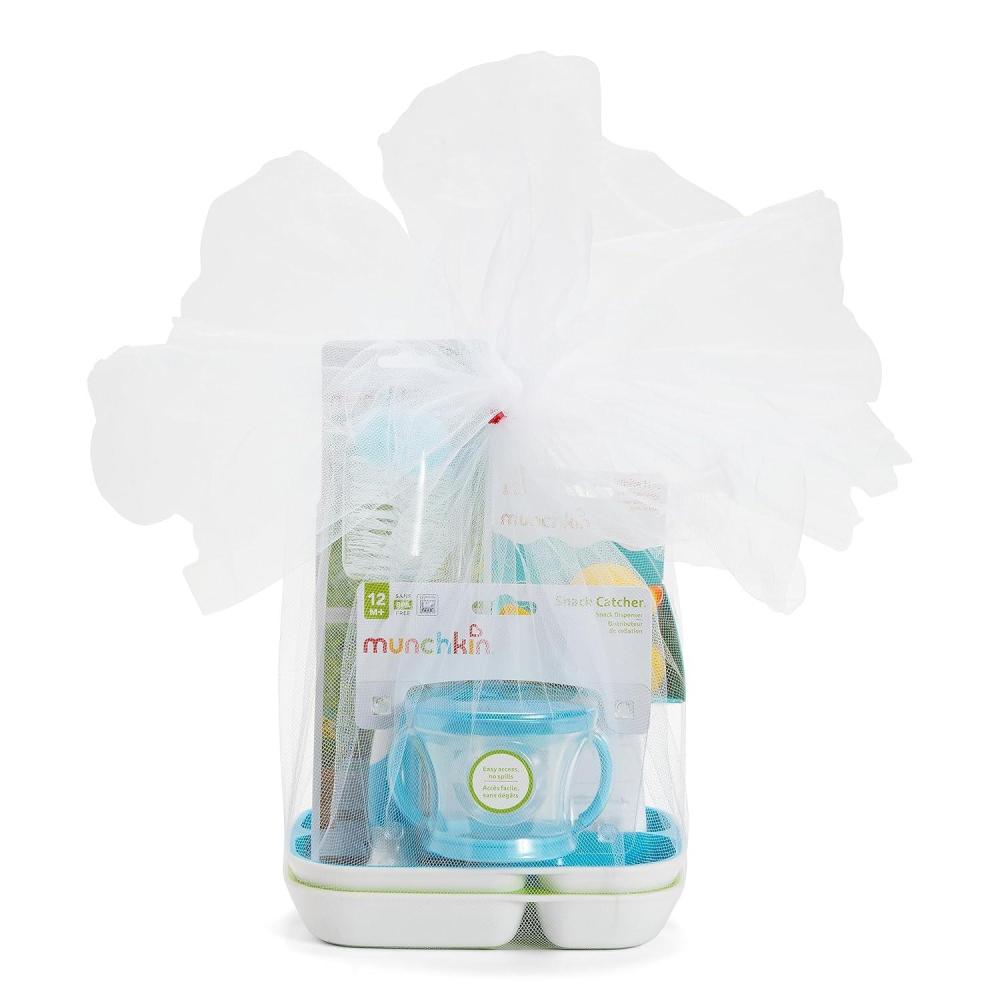 imageMunchkin New Beginnings Baby Gift Set Includes Feeding Utensils Divided Plates Bottle Brush Bath Toy and Teether PinkBlue
