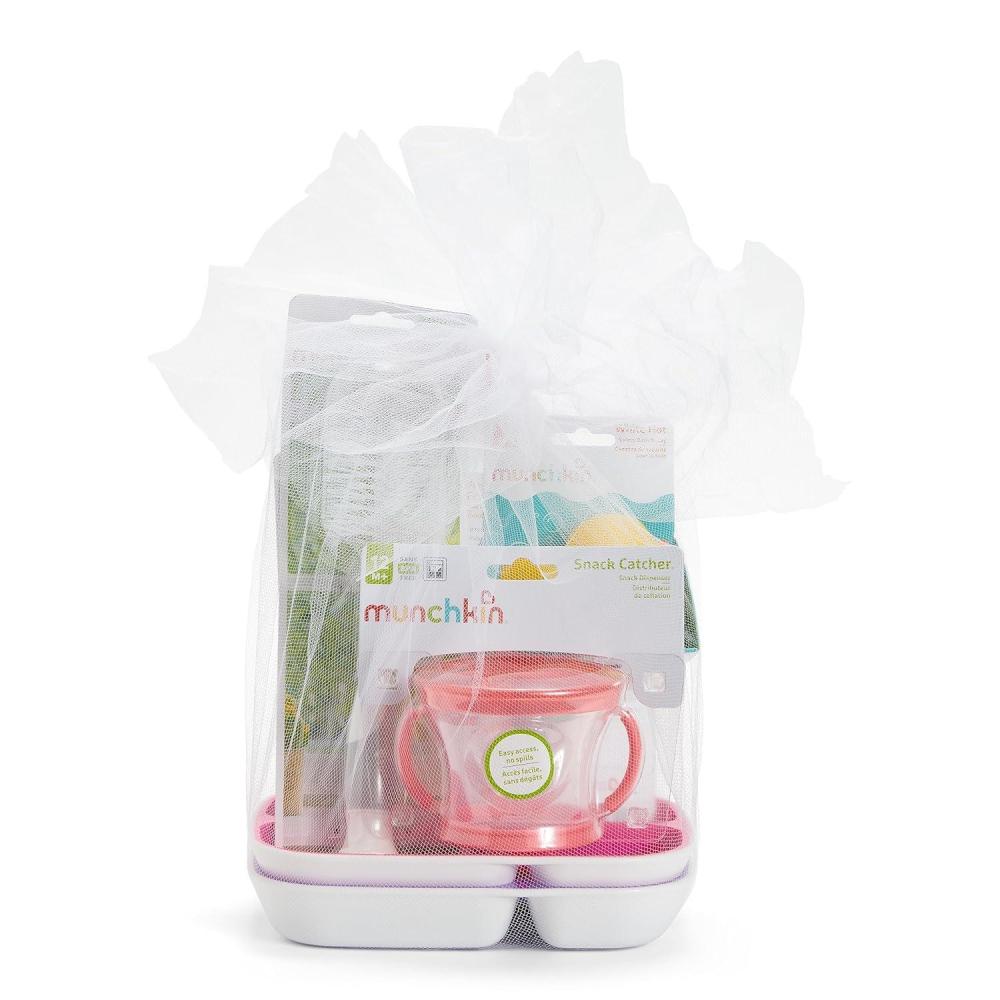 imageMunchkin New Beginnings Baby Gift Set Includes Feeding Utensils Divided Plates Bottle Brush Bath Toy and Teether PinkPink
