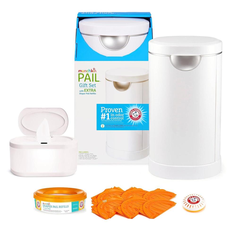 imageMunchkin PAIL Diaper Pail Starter Set Powered by Arm ampamp Hammer and Touch Free Baby Wipe Warmer