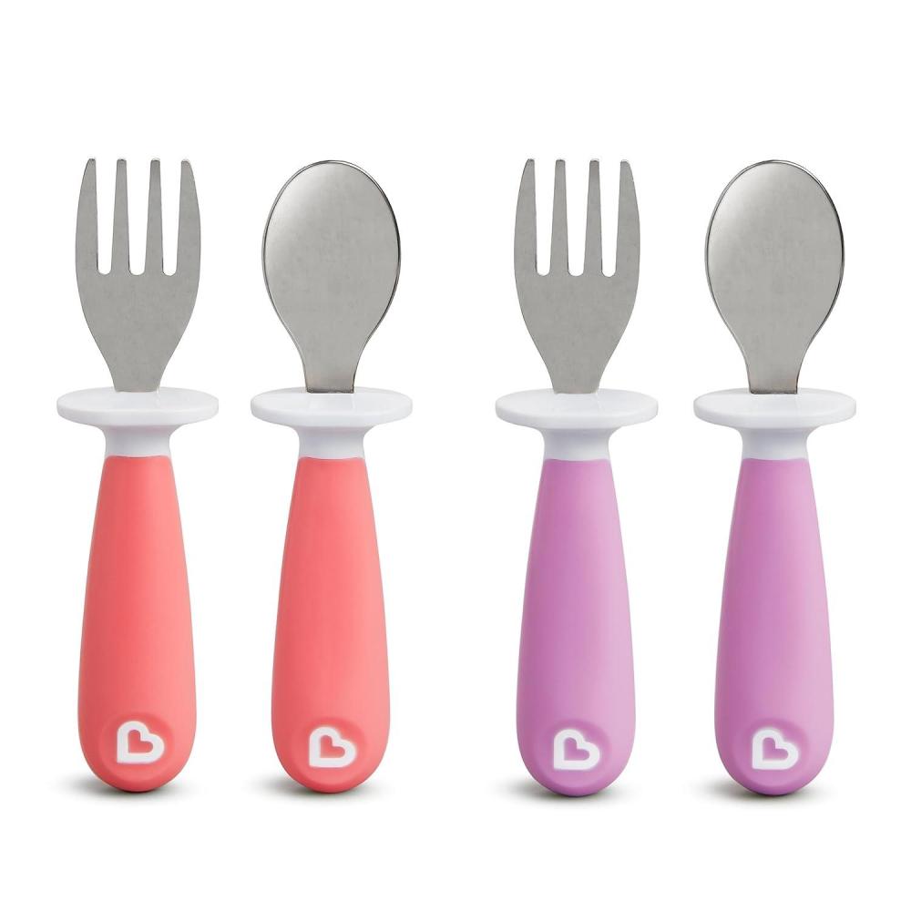 imageMunchkin Raise Toddler Fork and Spoon Utensil Set Rest Keeps Tip Off Table BPA Free 4 Pack BlueGreenPinkPurple