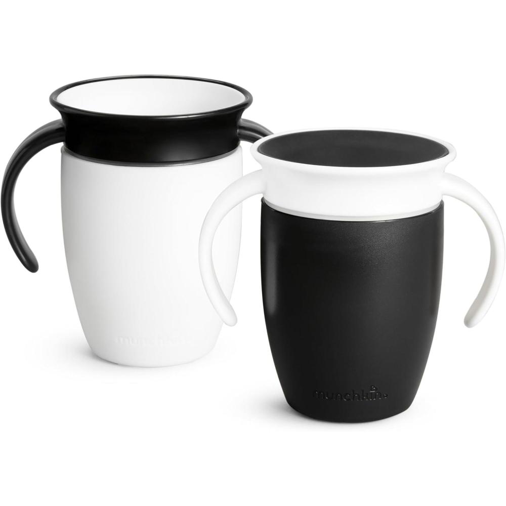 imageMunchkin Sippy Cup for 6 Month Old and Up Spill Proof Miracle 360 Toddler Cups with Transition Handles 7 Ounce 2 Pack BlackWhite7 Ounce