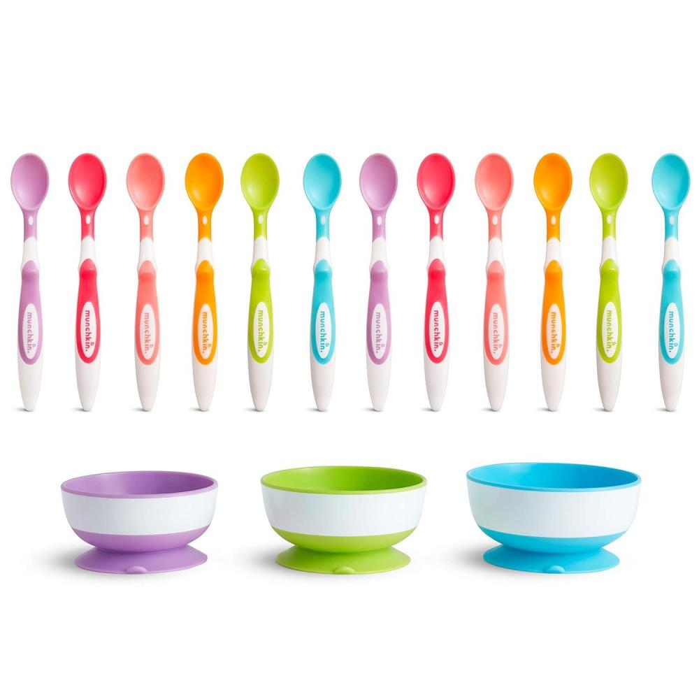 imageMunchkin Stay Put Suction Bowls and Soft Tip Baby Spoons BPA Free 3 Bowls and 12 Spoons