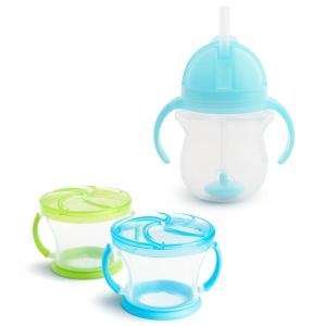 imageMunchkin Happy Snacker Toddler Cups and Snack Containers  7oz Any Angle Weighted Straw Trainer Cup and 9oz Snack Catchers PurplePinkBlueGreen