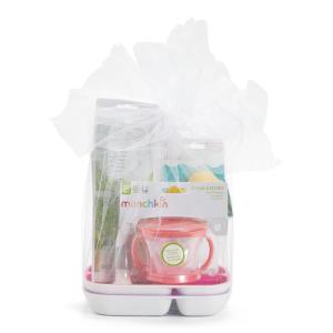 imageMunchkin New Beginnings Baby Gift Set Includes Feeding Utensils Divided Plates Bottle Brush Bath Toy and Teether PinkPink