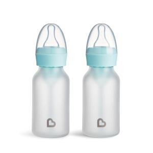 imageMunchkin Bond Silicone Coated Glass Baby Bottles  AntiColic Feeding System with Natural Feel Nipples 4 Ounce 2 Pack MintGreenBlue