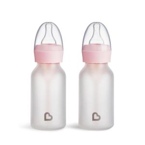 imageMunchkin Bond Silicone Coated Glass Baby Bottles  AntiColic Feeding System with Natural Feel Nipples 4 Ounce 2 Pack MintGreenPink