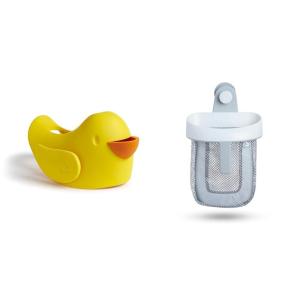 imageMunchkin Beak Bath Spout Cover Safety Guard with Builtin Bubble Bath Dispenser Yellow amp Super Scoop Hanging Bath Toy Storage with Quick Drying Mesh Grey
